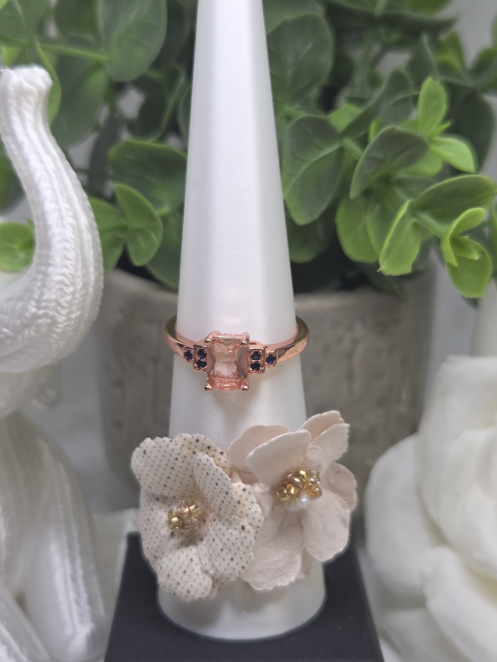 Rose Gold Pink Gemstone Solitaire Ring With Sapphire Accents